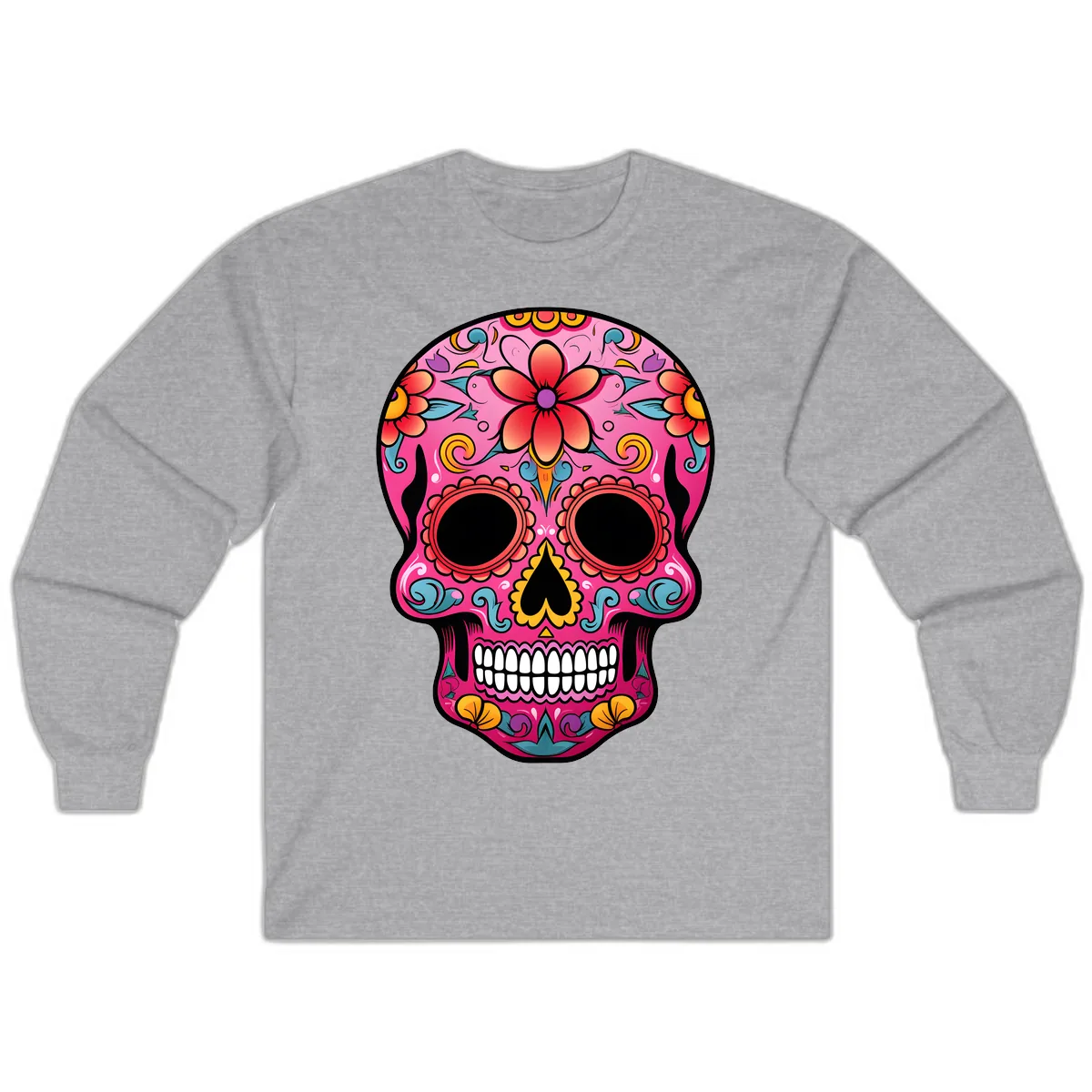 Vibrant Floral Calavera Sugar Skull Long Sleeve in Sport Grey