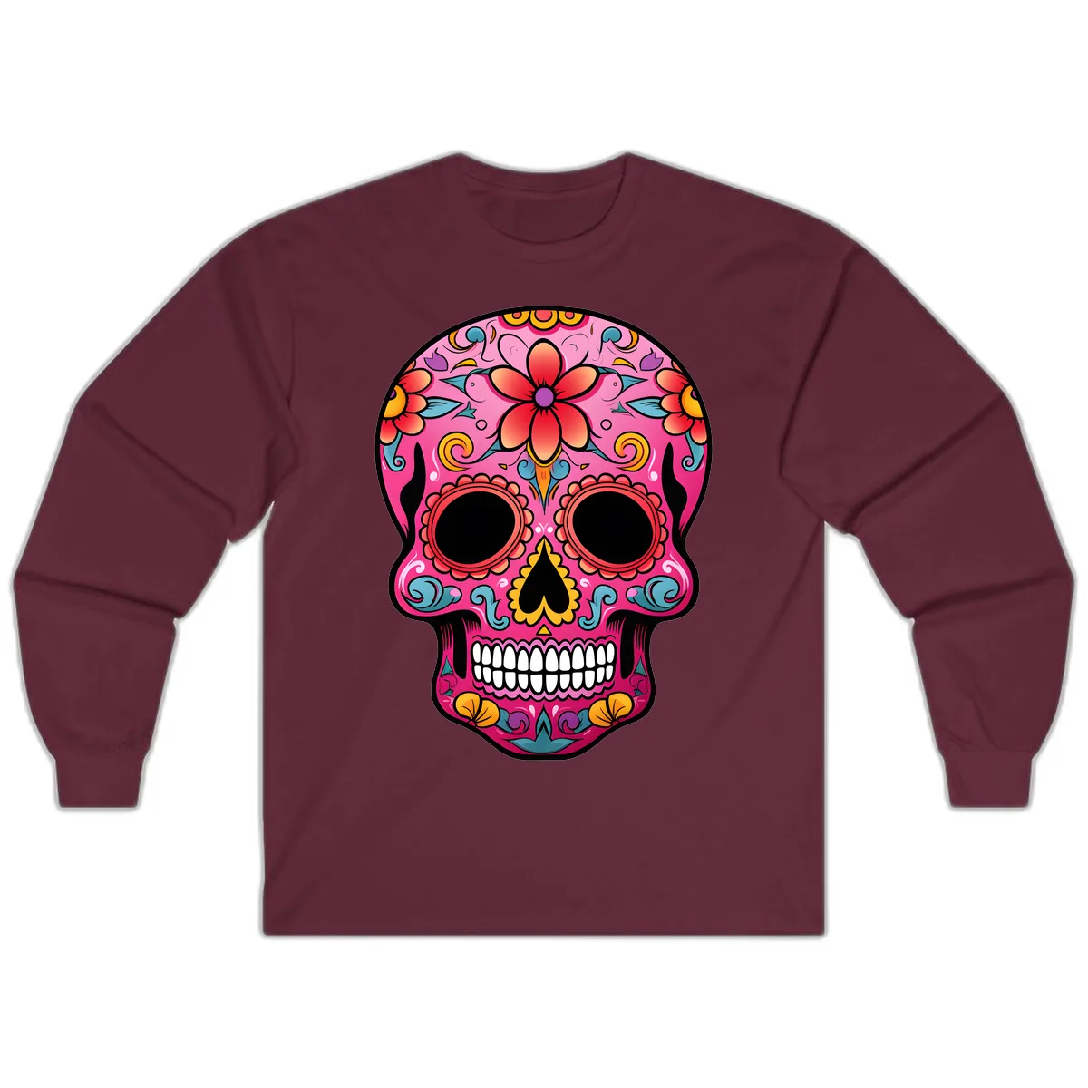 Vibrant Floral Calavera Sugar Skull Long Sleeve in Maroon