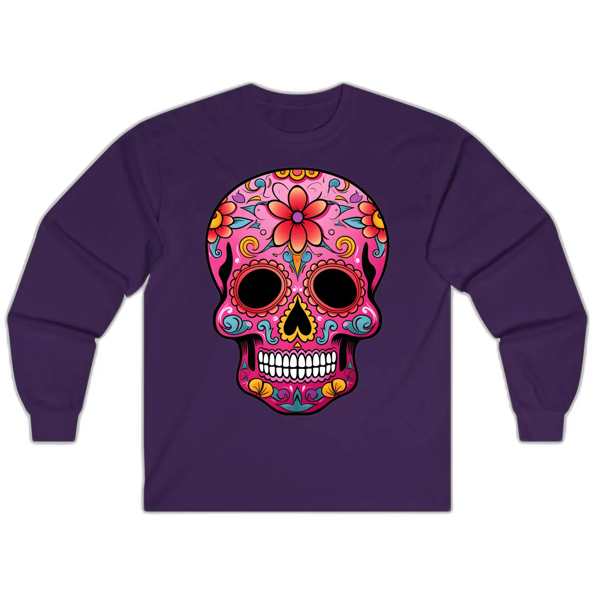 Vibrant Floral Calavera Sugar Skull Long Sleeve in Purple
