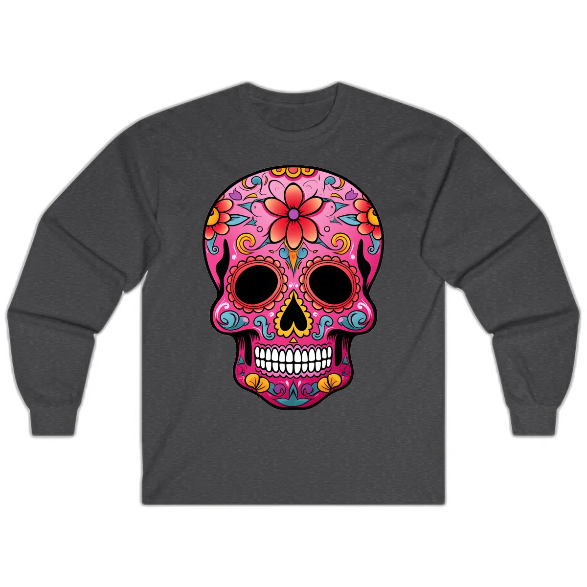Vibrant Floral Calavera Sugar Skull Long Sleeve in Dark Heather