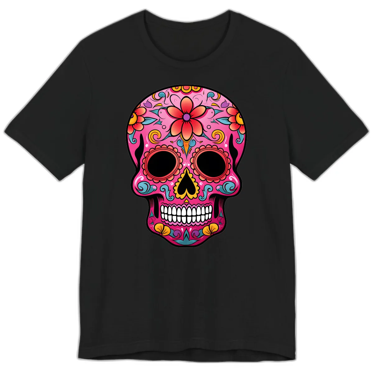 Vibrant Floral Calavera Sugar Skull Premium T-Shirt in Black