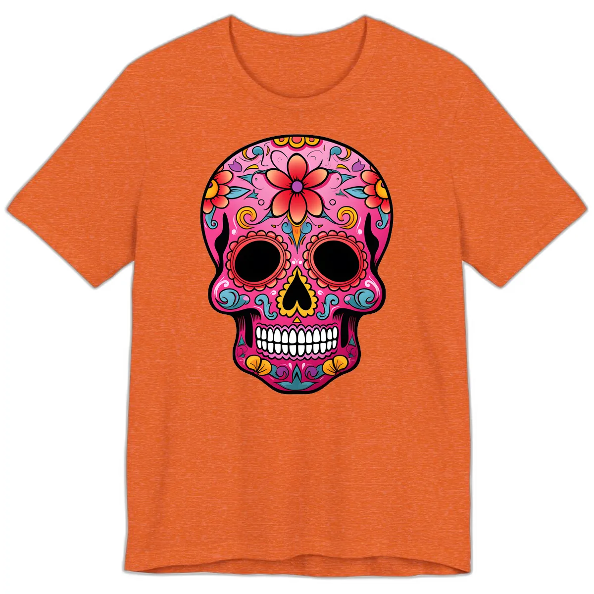 Vibrant Floral Calavera Sugar Skull Premium T-Shirt in Heather Orange