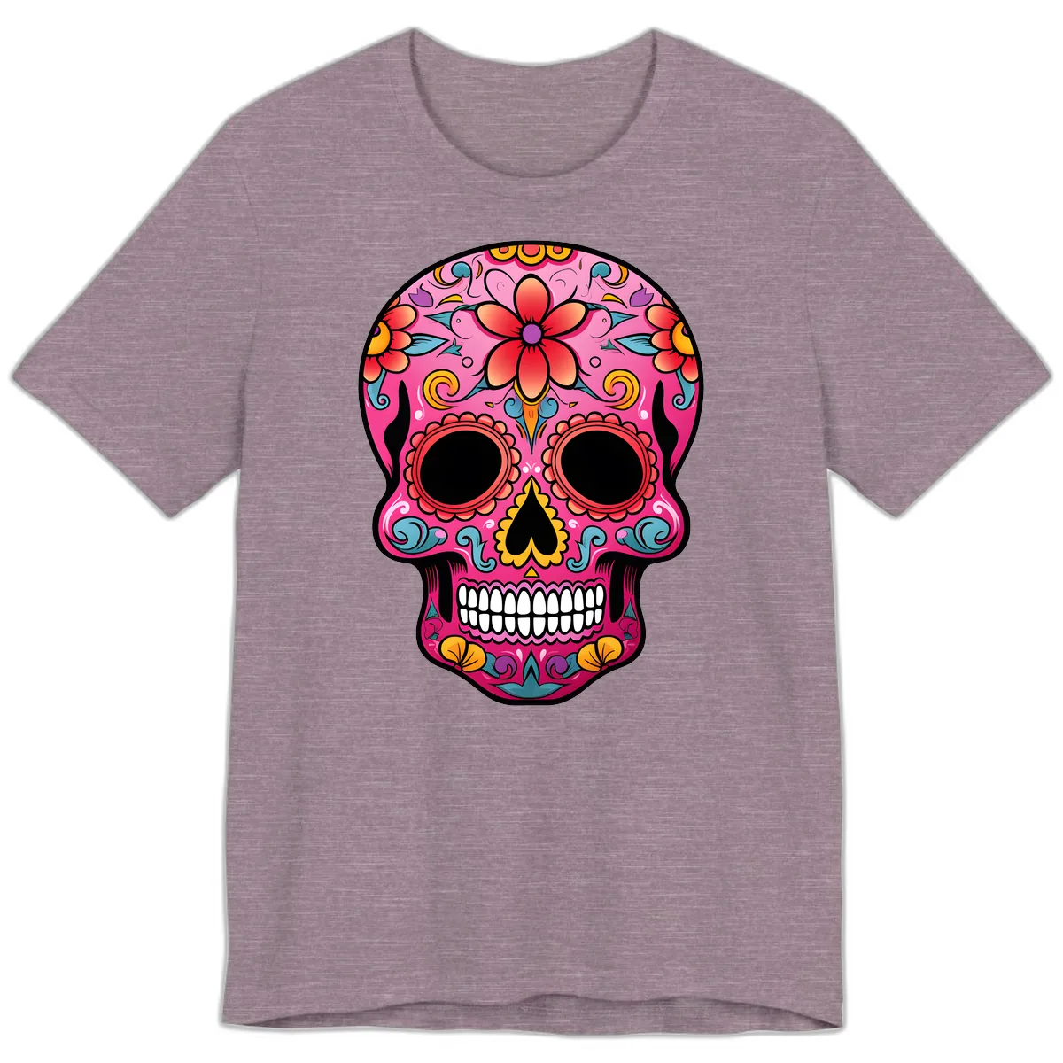 Vibrant Floral Calavera Sugar Skull Premium T-Shirt in Heather Purple