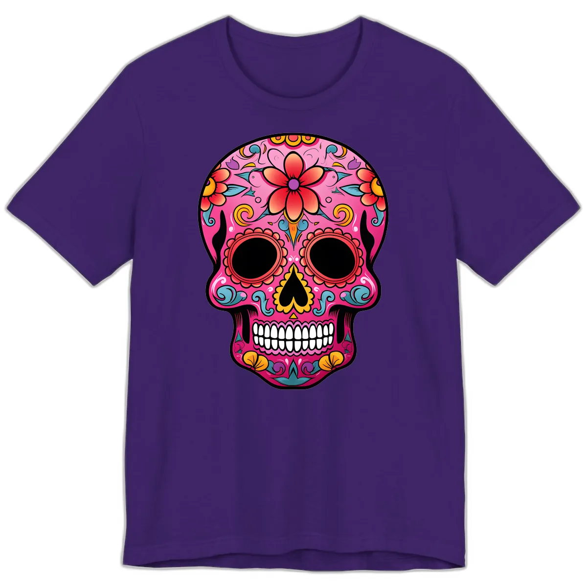 Vibrant Floral Calavera Sugar Skull Premium T-Shirt in Team Purple