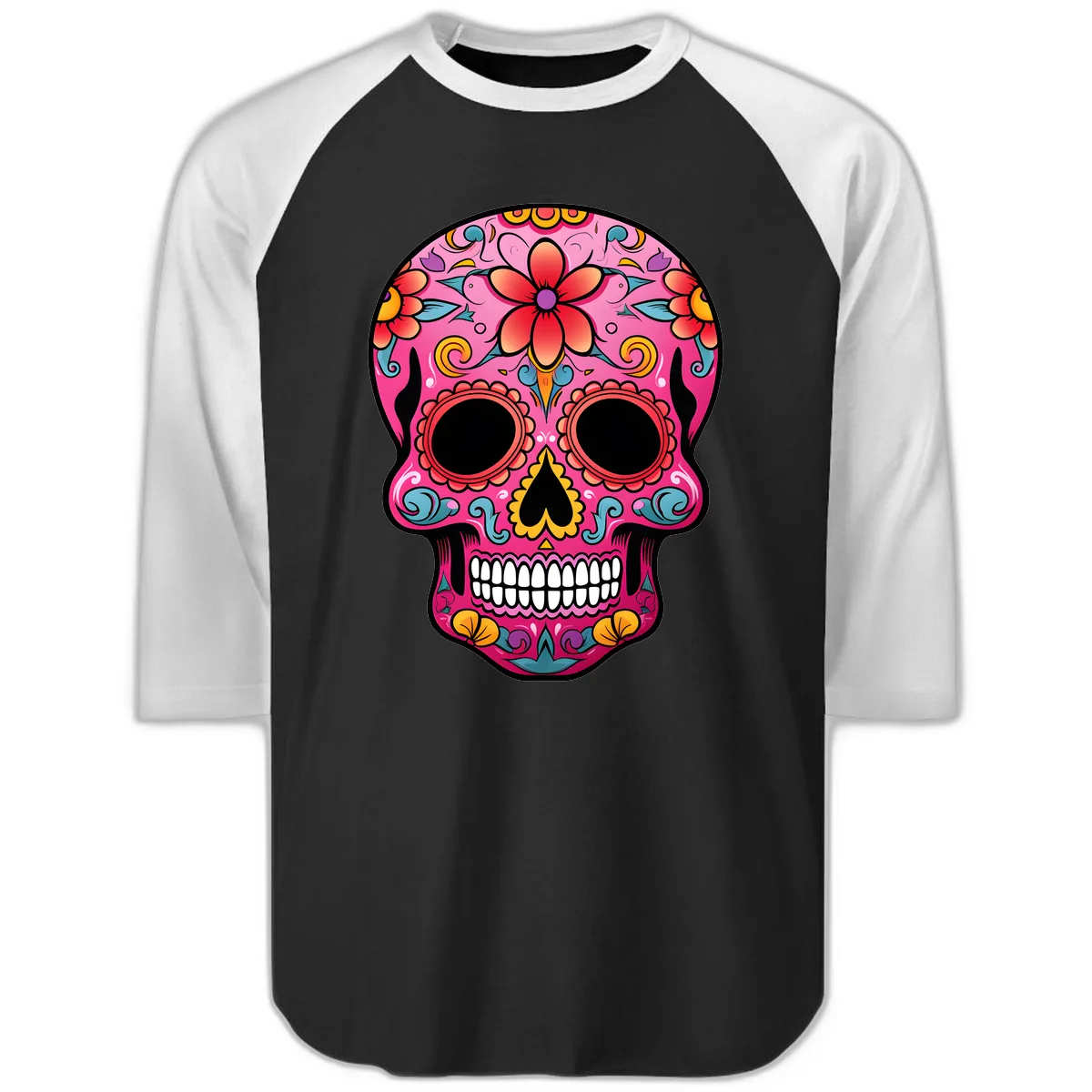 Vibrant Floral Calavera Sugar Skull Raglan 3/4 in Black White