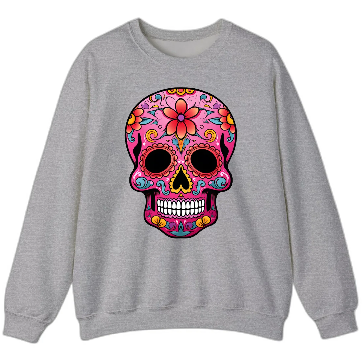 Vibrant Floral Calavera Sugar Skull Sweatshirt in Sport Grey