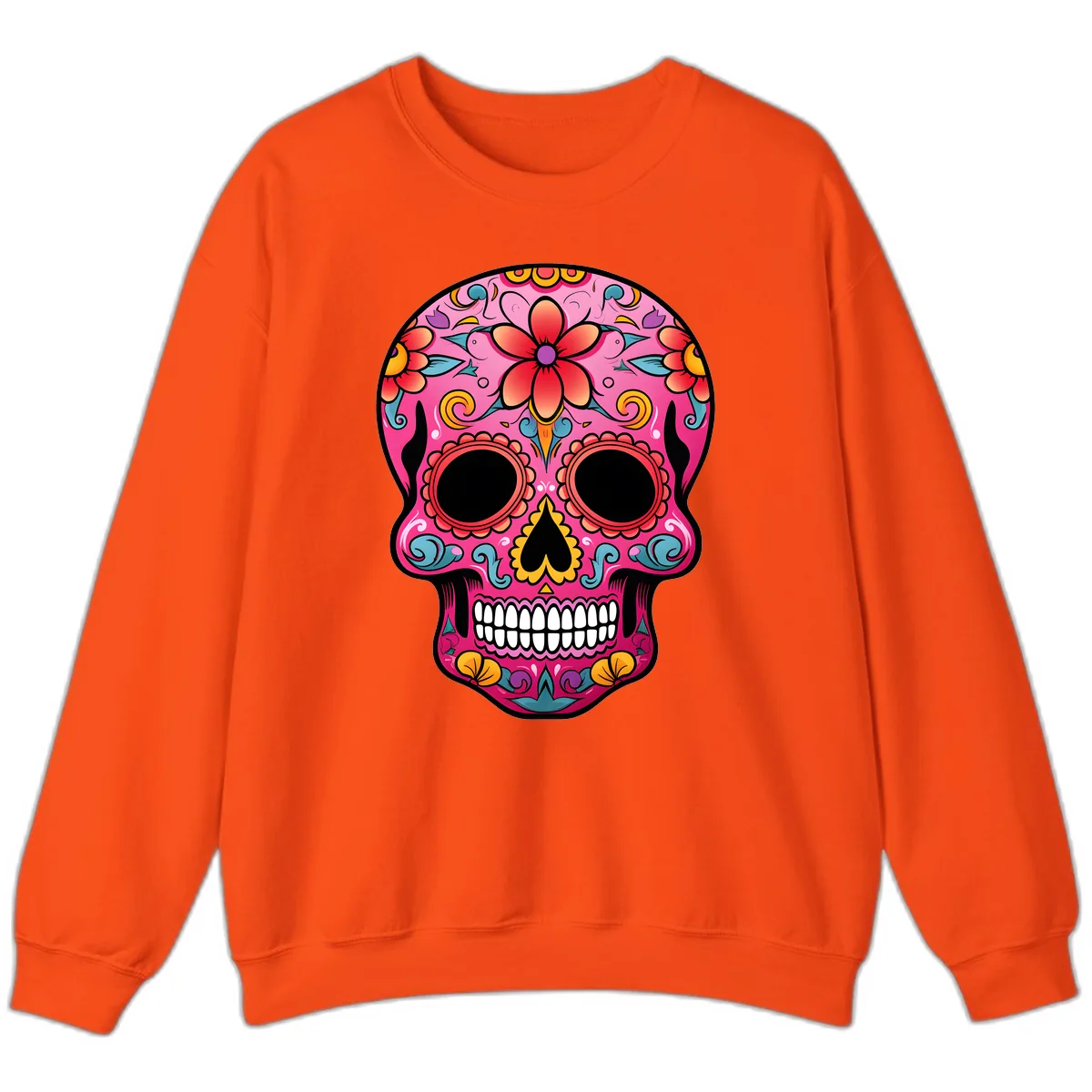 Vibrant Floral Calavera Sugar Skull Sweatshirt in Orange