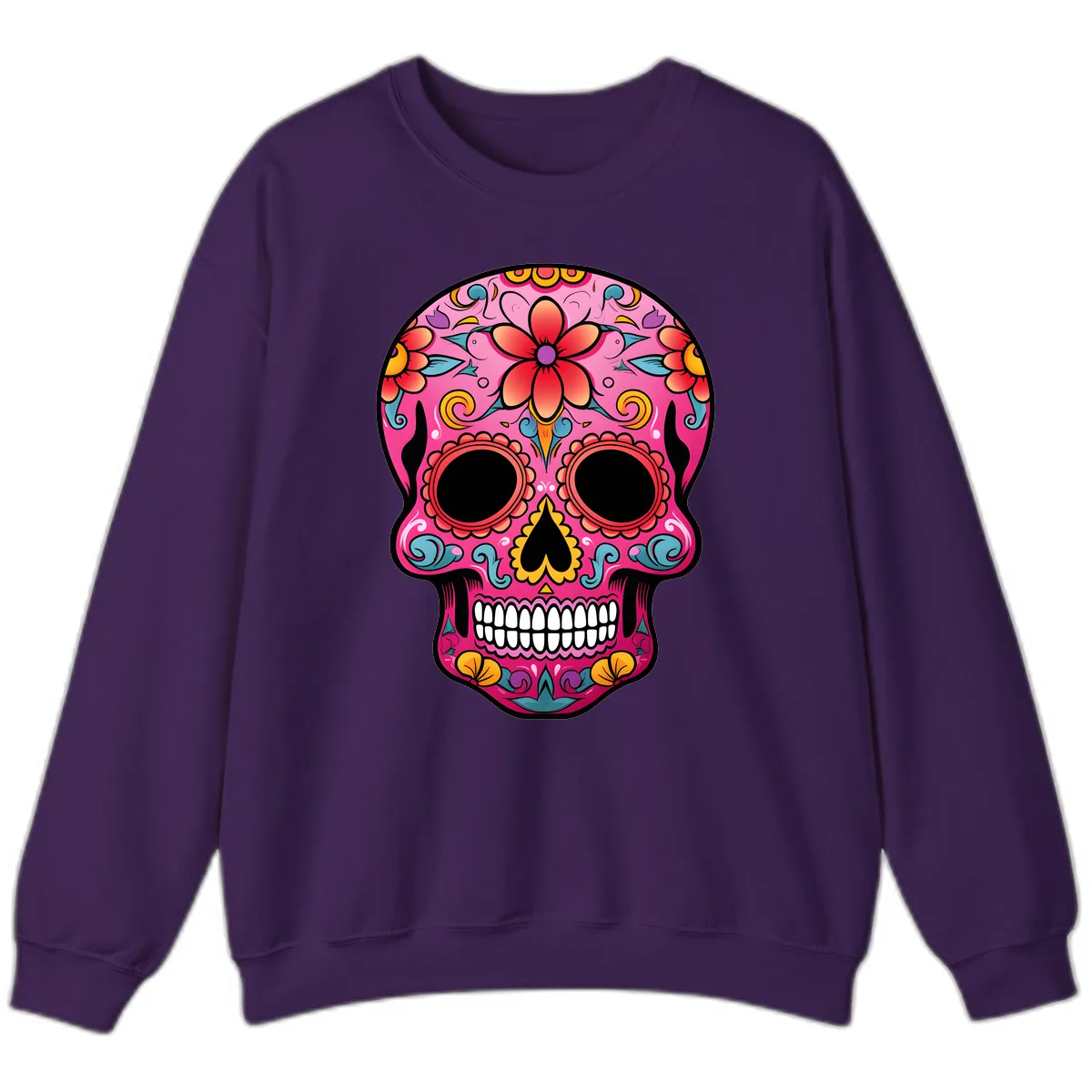 Vibrant Floral Calavera Sugar Skull Sweatshirt in Purple