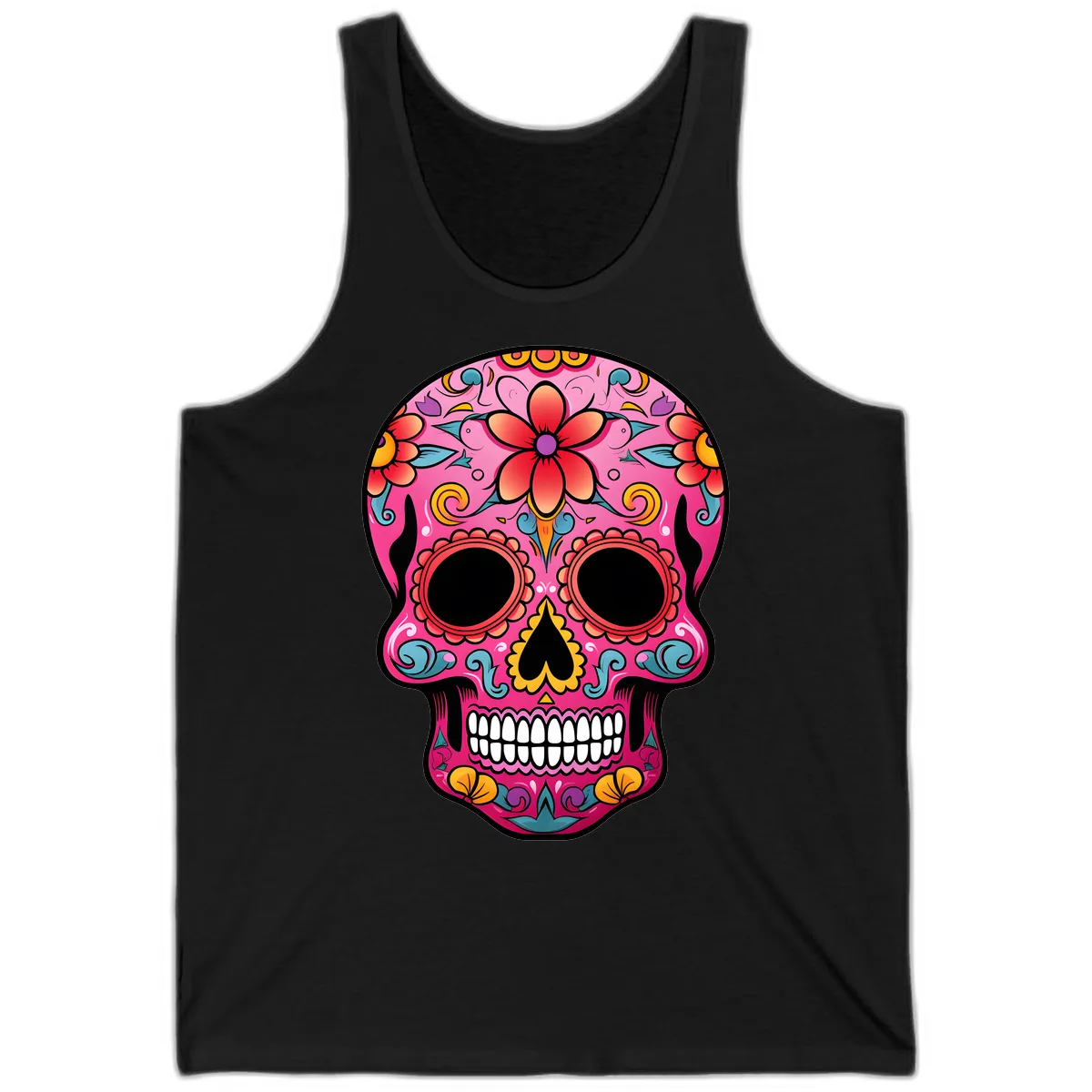 Vibrant Floral Calavera Sugar Skull Tank in Black