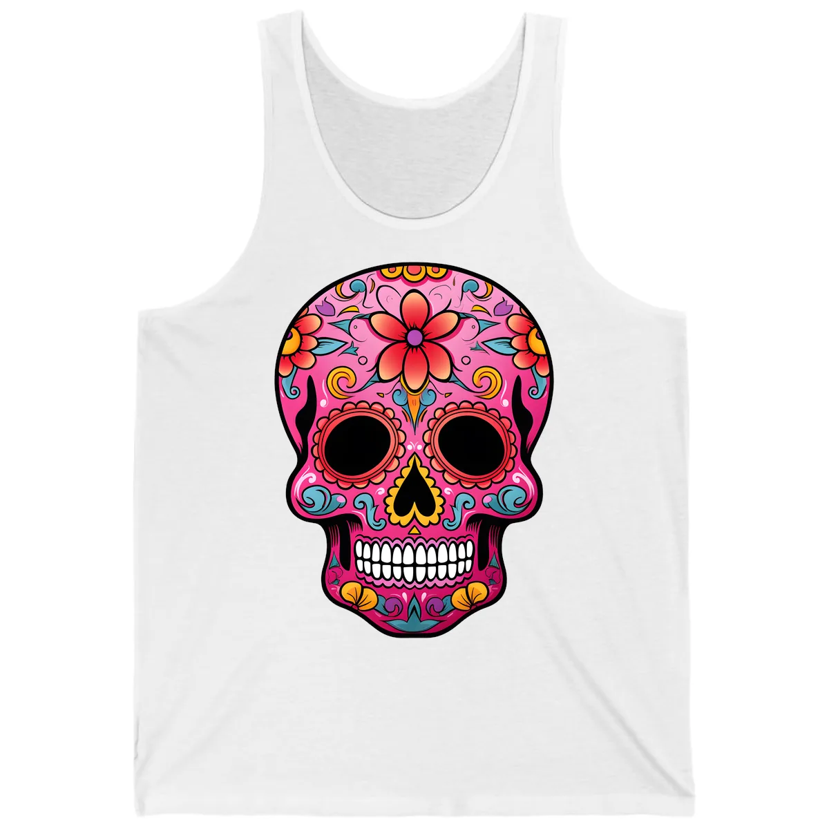 Vibrant Floral Calavera Sugar Skull Tank in White
