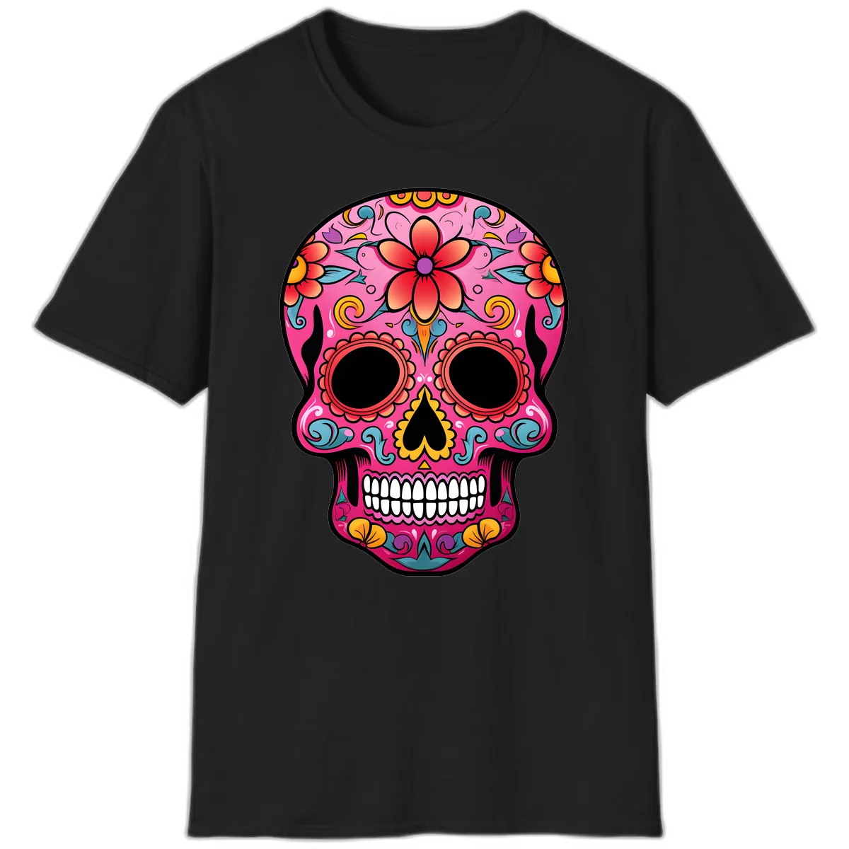 Vibrant Floral Calavera Sugar Skull T-Shirt in Black