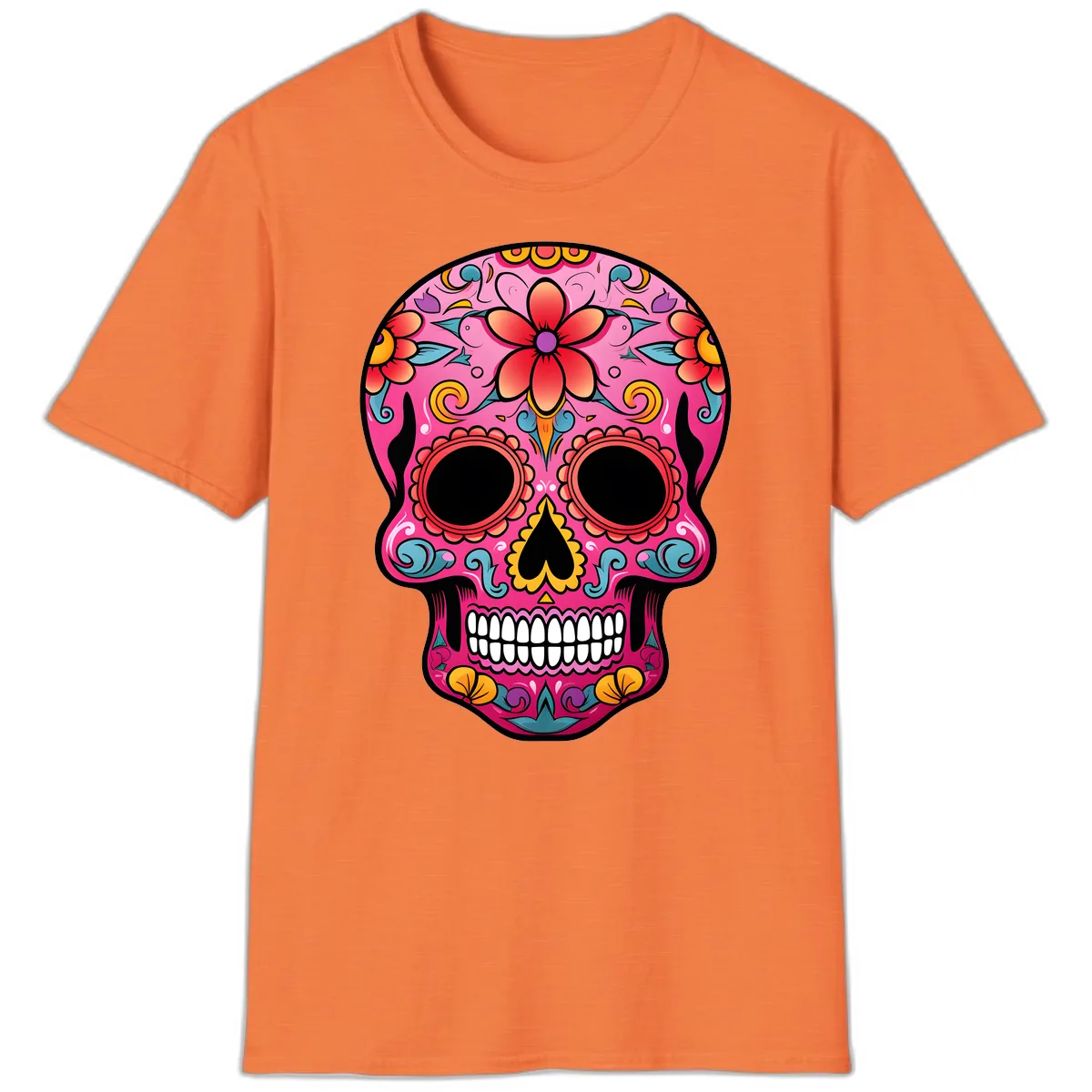 Vibrant Floral Calavera Sugar Skull T-Shirt in Heather Orange