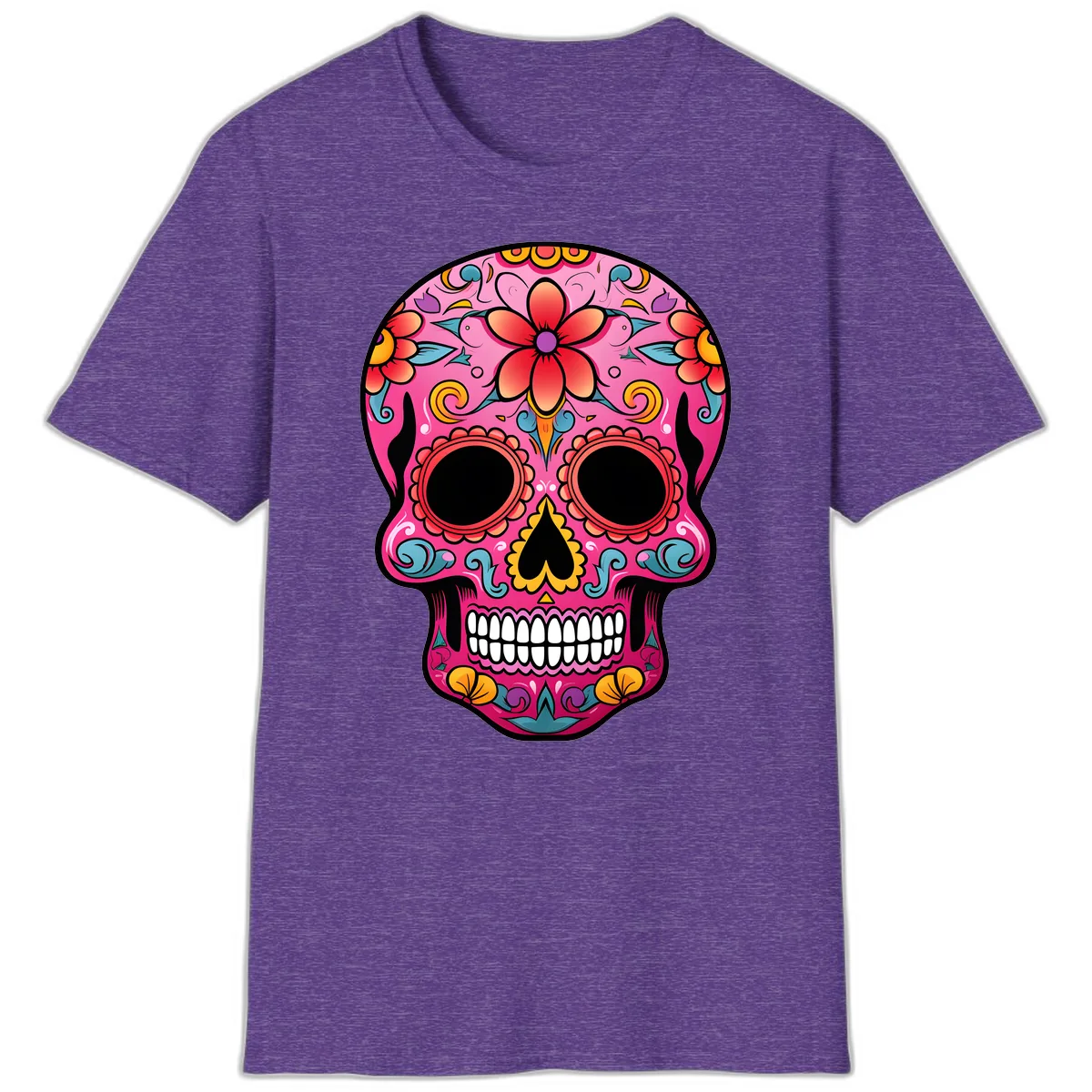 Vibrant Floral Calavera Sugar Skull T-Shirt in Heather Purple