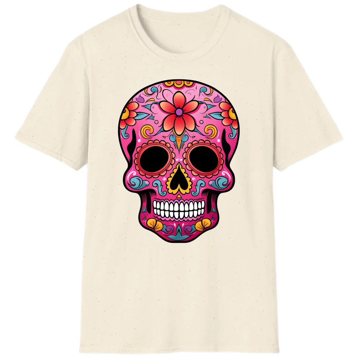 Vibrant Floral Calavera Sugar Skull T-Shirt in Natural