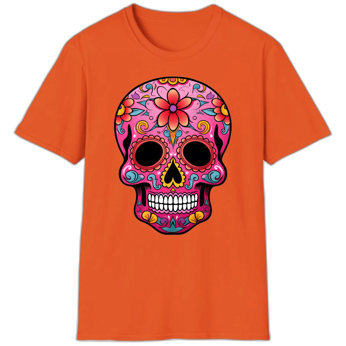 Vibrant Floral Calavera Sugar Skull T-Shirt in Orange