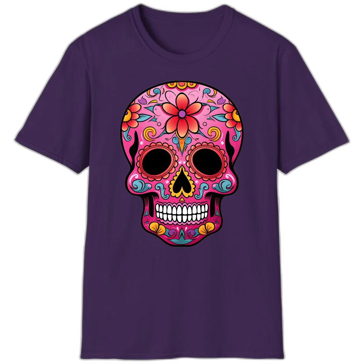 Vibrant Floral Calavera Sugar Skull T-Shirt in Purple