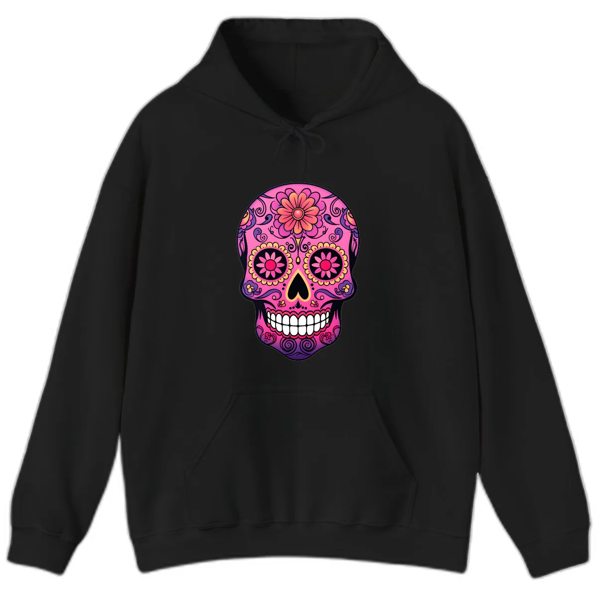 Vibrant Floral Sugar Skull Calavera Hoodie in Black
