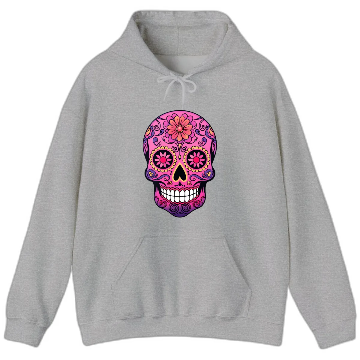 Vibrant Floral Sugar Skull Calavera Hoodie in Sport Grey