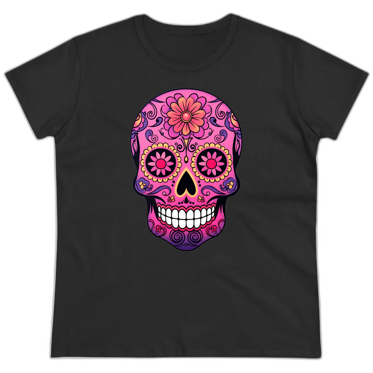 Vibrant Floral Sugar Skull Calavera Ladies Tee in Black