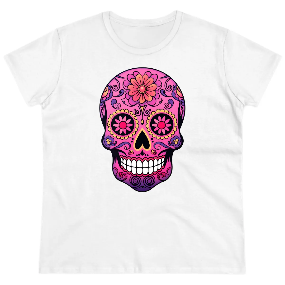Vibrant Floral Sugar Skull Calavera Ladies Tee in White