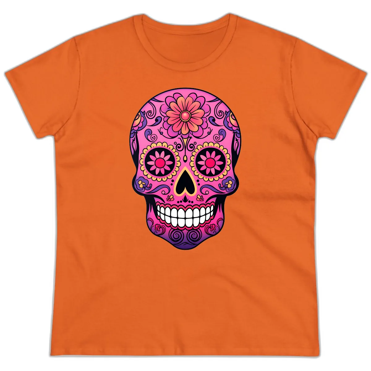 Vibrant Floral Sugar Skull Calavera Ladies Tee in Orange