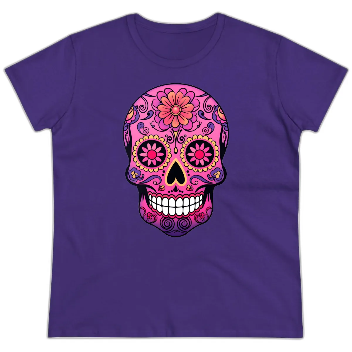Vibrant Floral Sugar Skull Calavera Ladies Tee in Purple