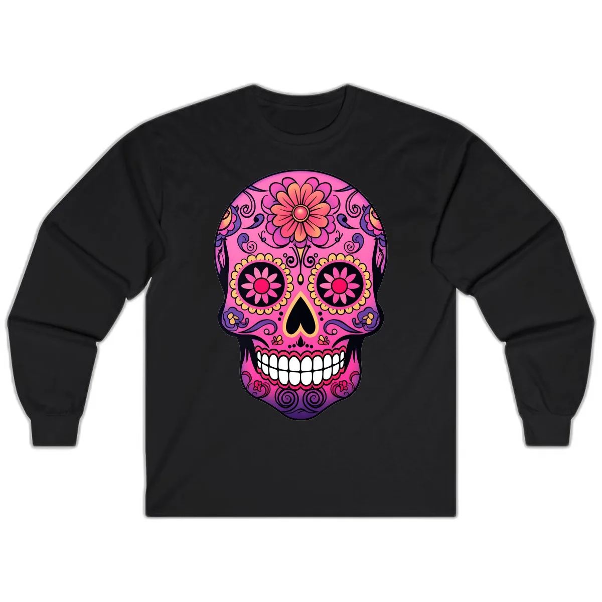 Vibrant Floral Sugar Skull Calavera Long Sleeve in Black