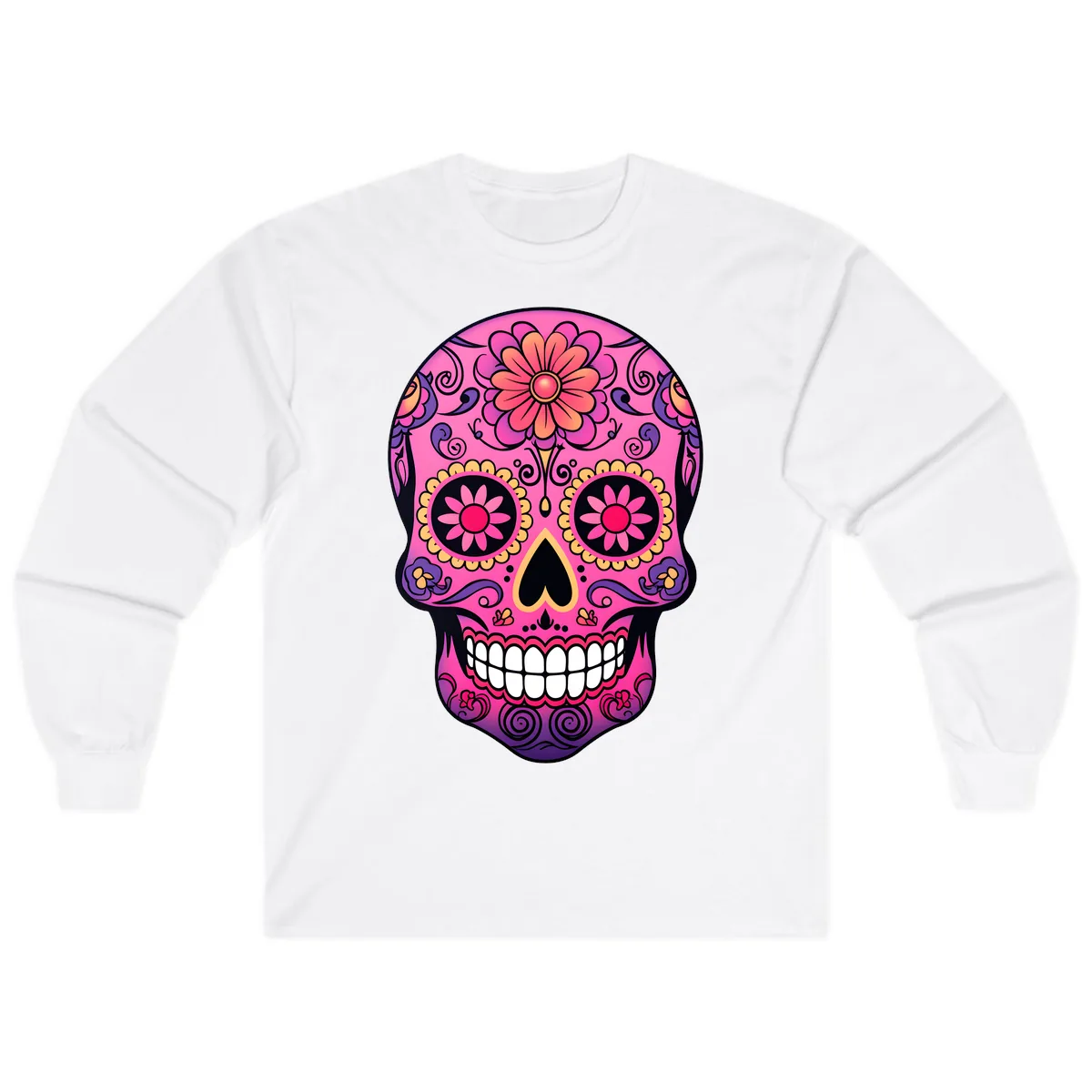 Vibrant Floral Sugar Skull Calavera Long Sleeve in White