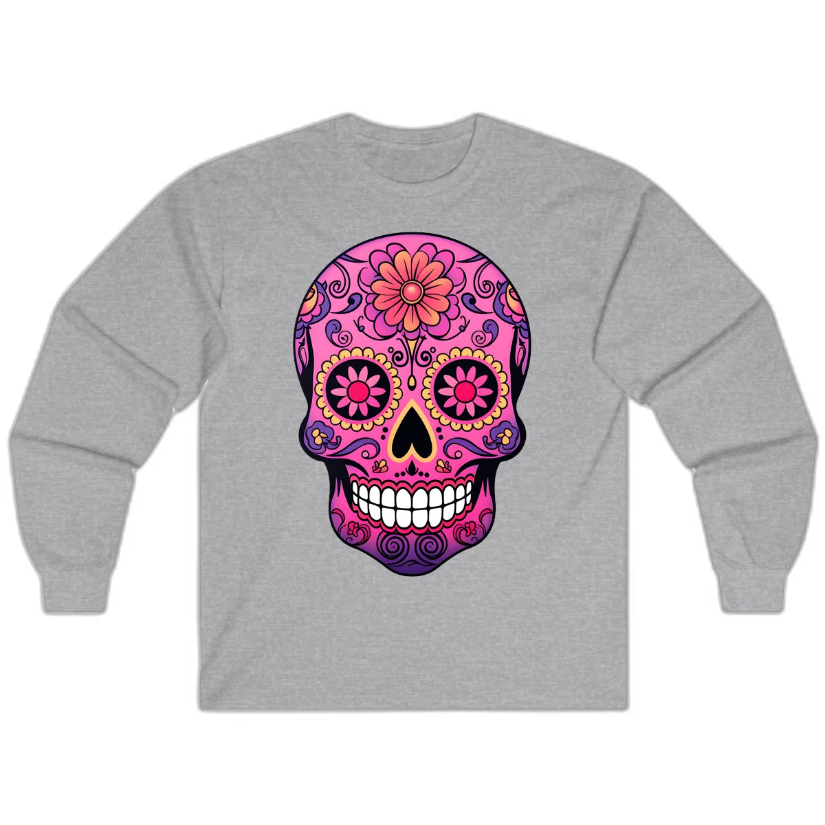 Vibrant Floral Sugar Skull Calavera Long Sleeve in Sport Grey