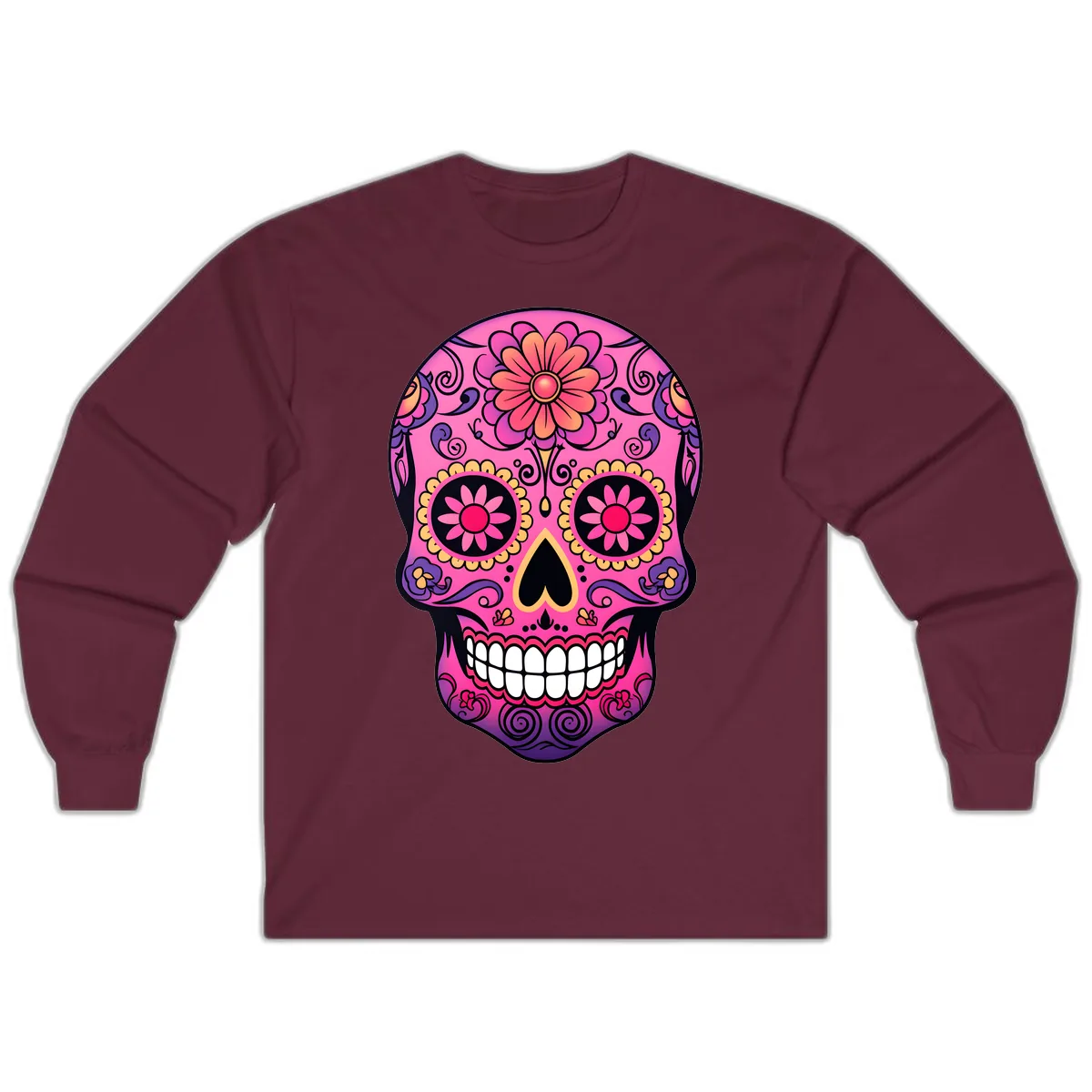 Vibrant Floral Sugar Skull Calavera Long Sleeve in Maroon