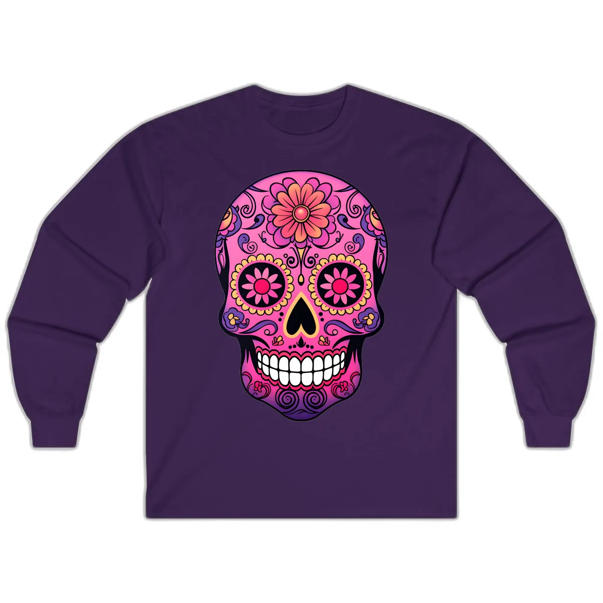 Vibrant Floral Sugar Skull Calavera Long Sleeve in Purple