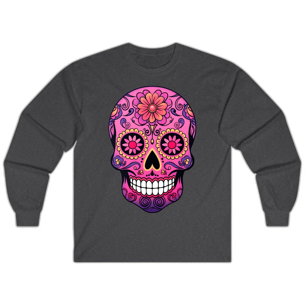 Vibrant Floral Sugar Skull Calavera Long Sleeve in Dark Heather