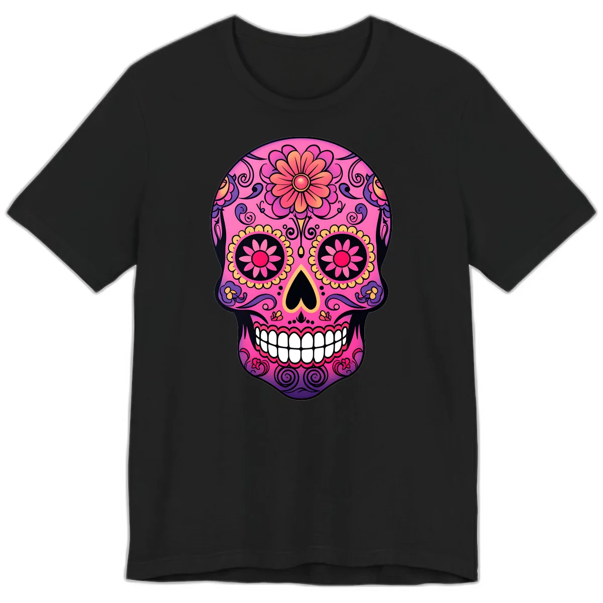 Vibrant Floral Sugar Skull Calavera Premium T-Shirt in Black