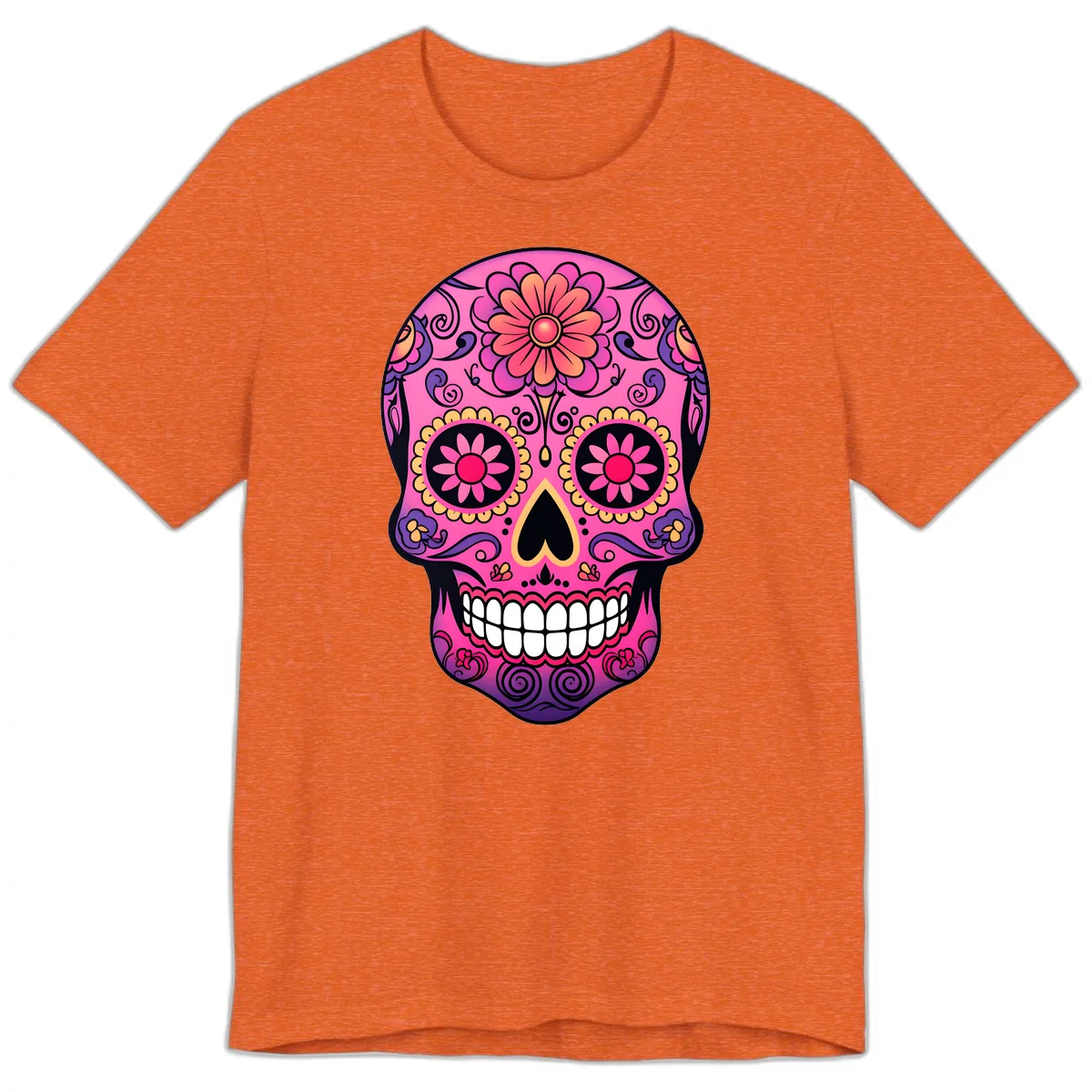 Vibrant Floral Sugar Skull Calavera Premium T-Shirt in Heather Orange