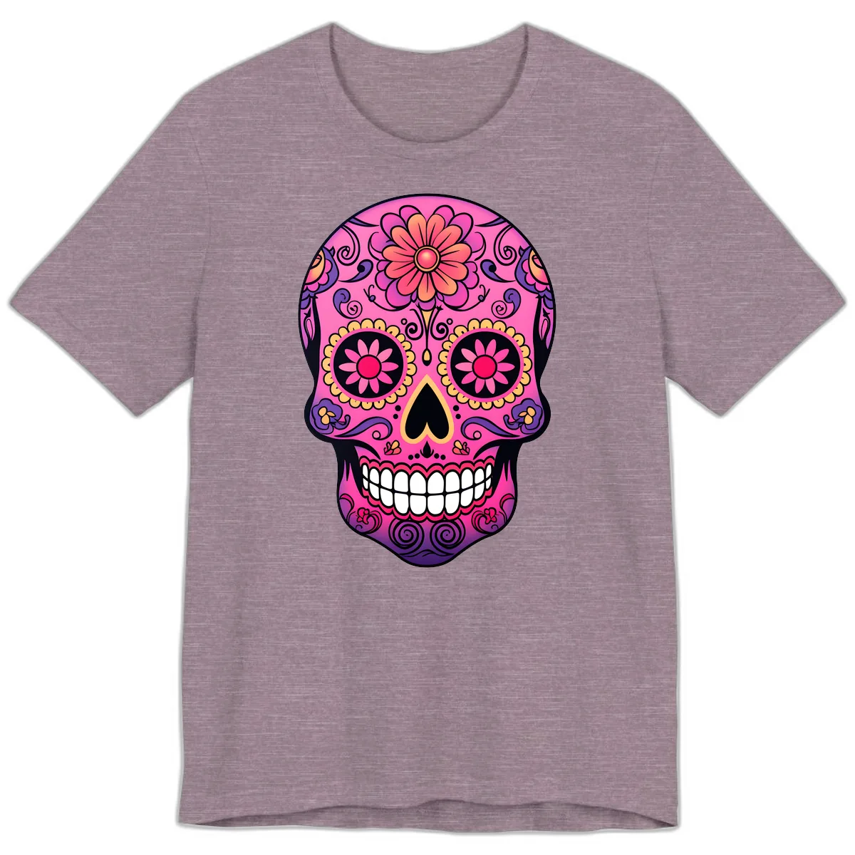 Vibrant Floral Sugar Skull Calavera Premium T-Shirt in Heather Purple