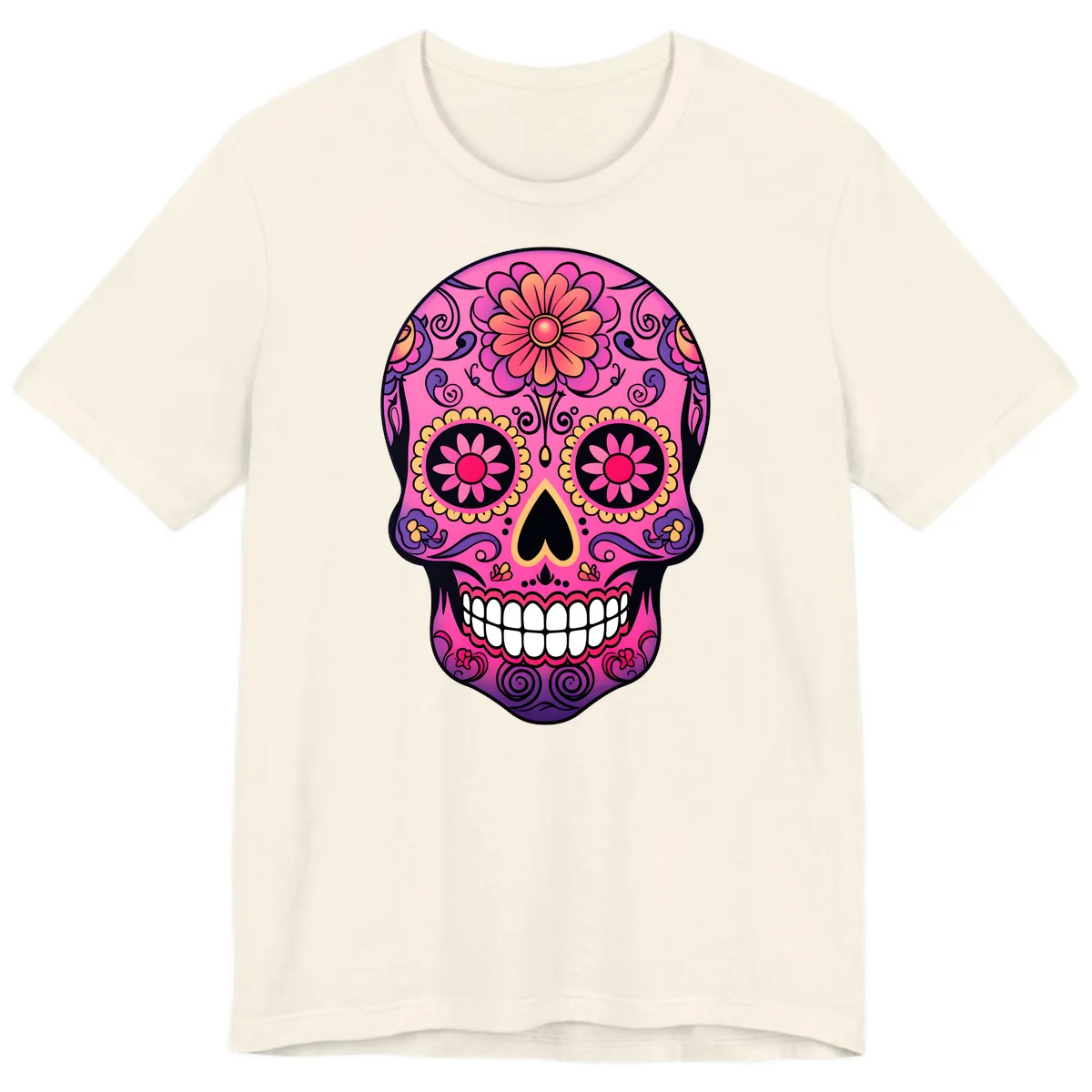 Vibrant Floral Sugar Skull Calavera Premium T-Shirt in Natural