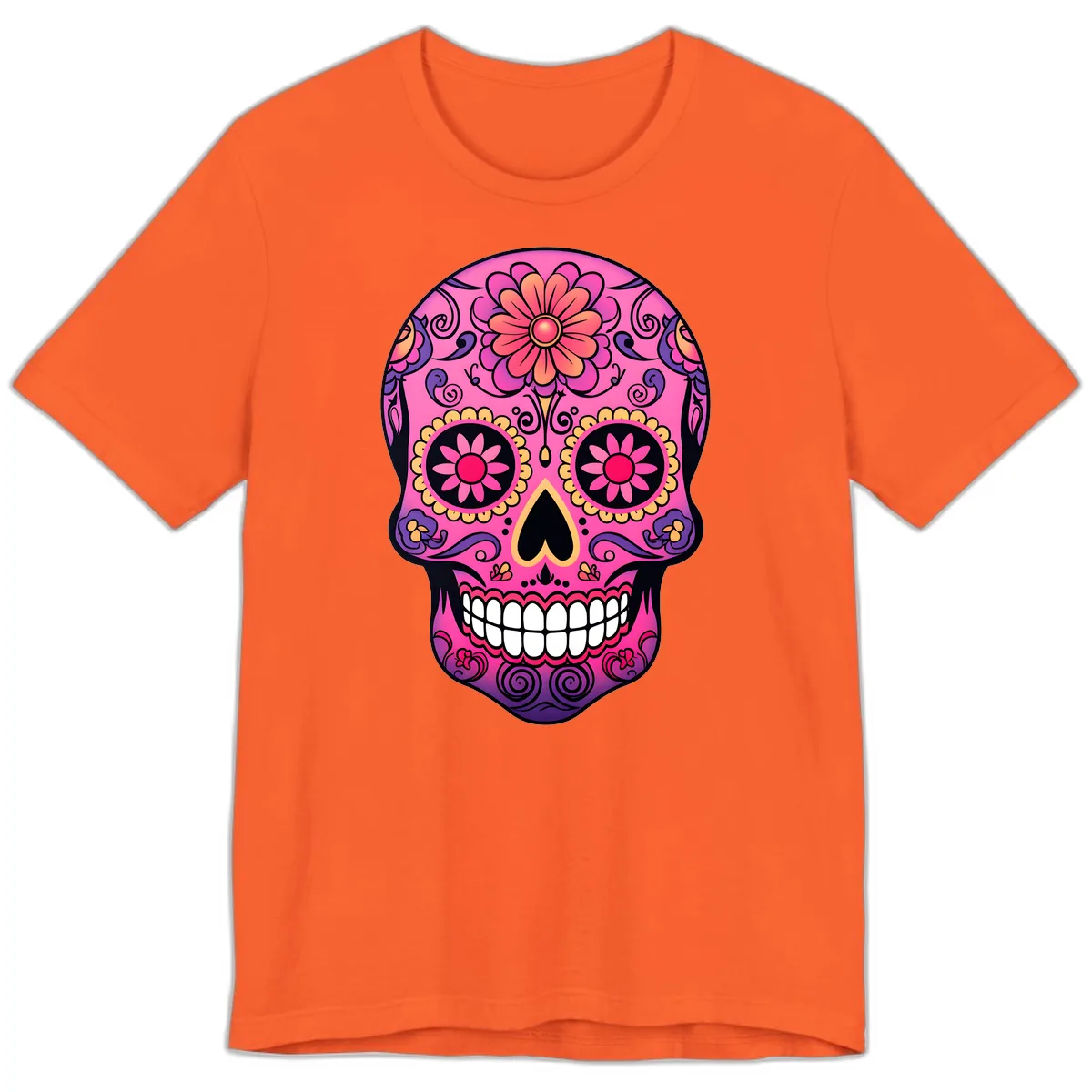 Vibrant Floral Sugar Skull Calavera Premium T-Shirt in Orange