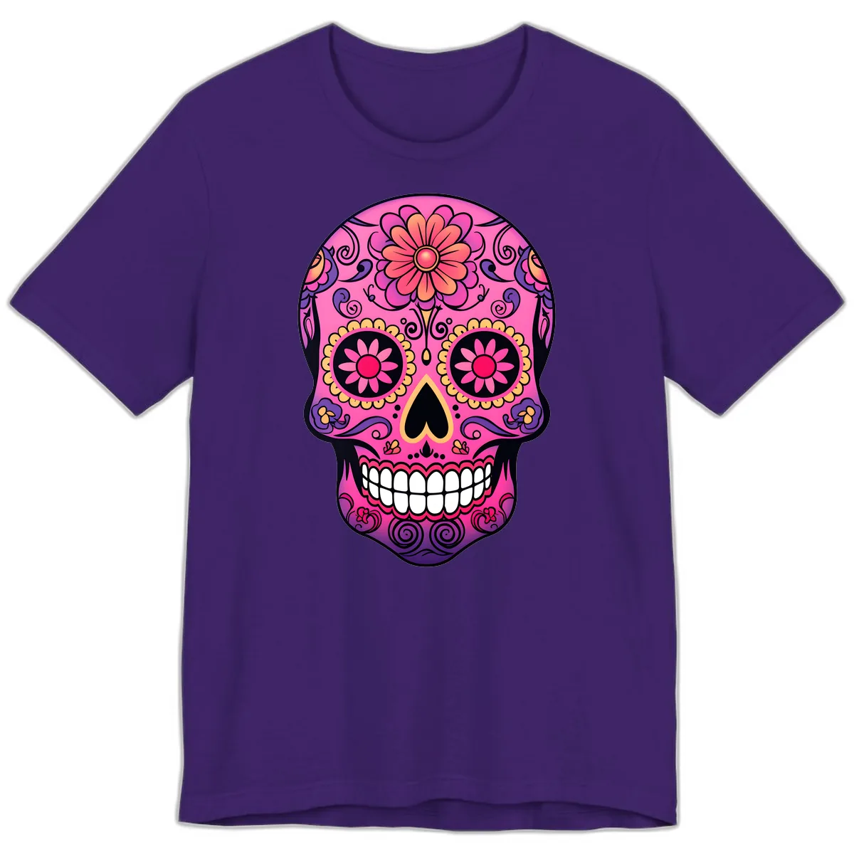Vibrant Floral Sugar Skull Calavera Premium T-Shirt in Team Purple