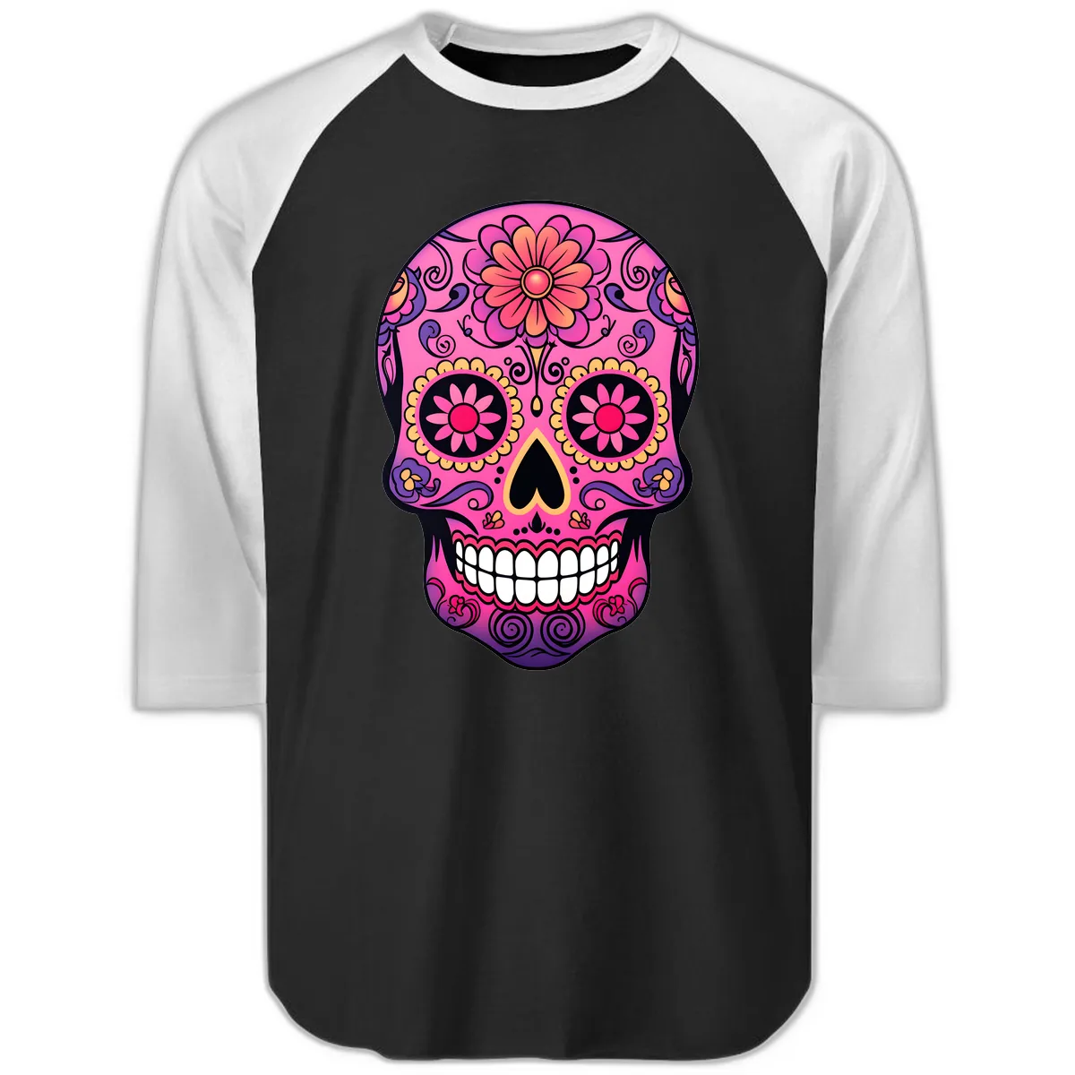 Vibrant Floral Sugar Skull Calavera Raglan 3/4 in Black White