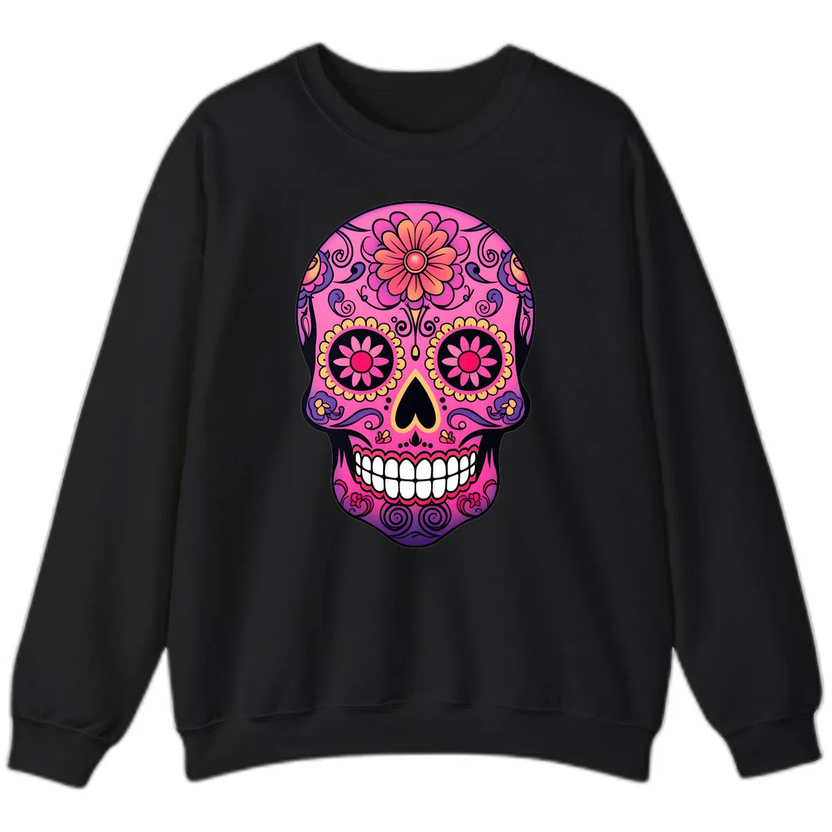 Vibrant Floral Sugar Skull Calavera Sweatshirt in Black