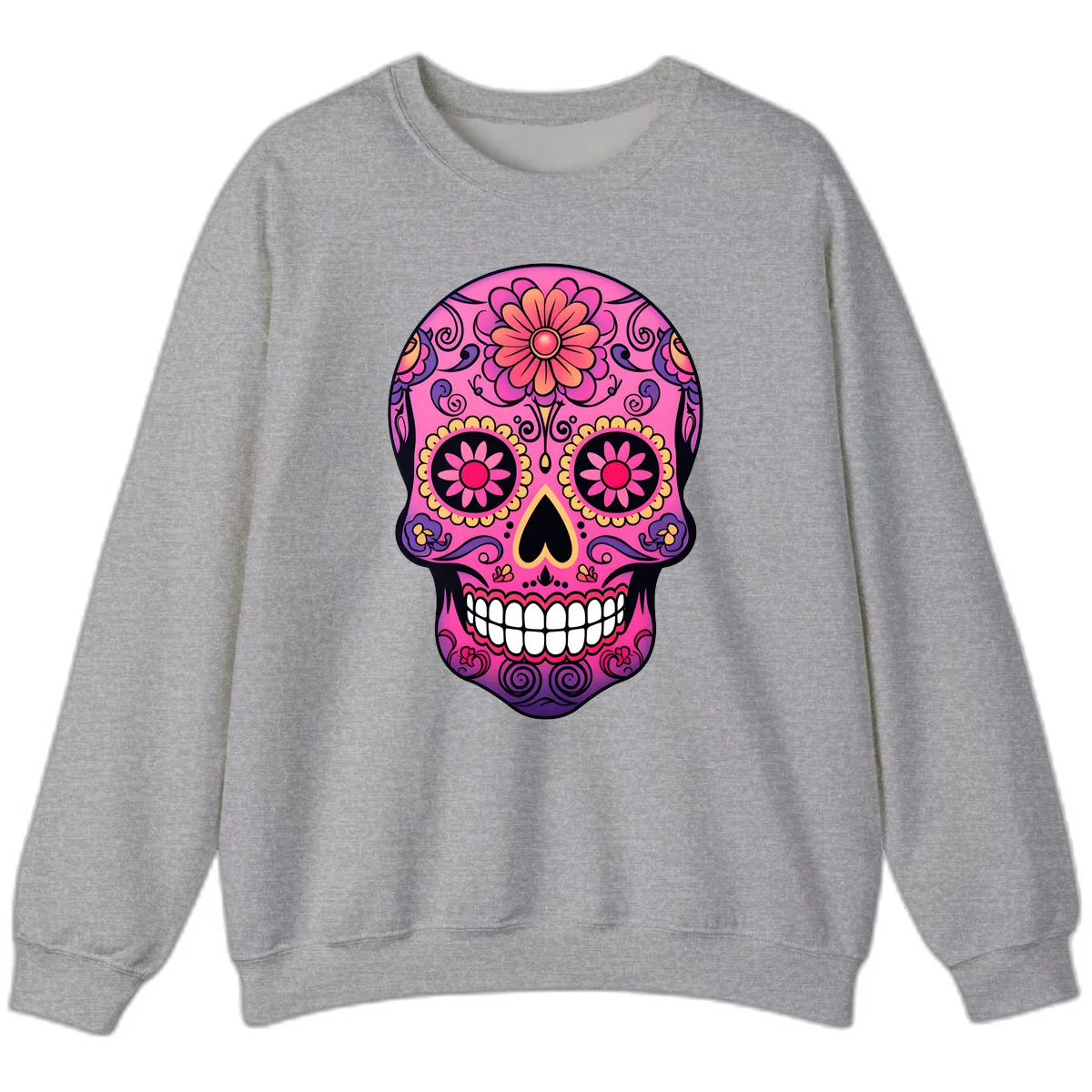 Vibrant Floral Sugar Skull Calavera Sweatshirt in Sport Grey