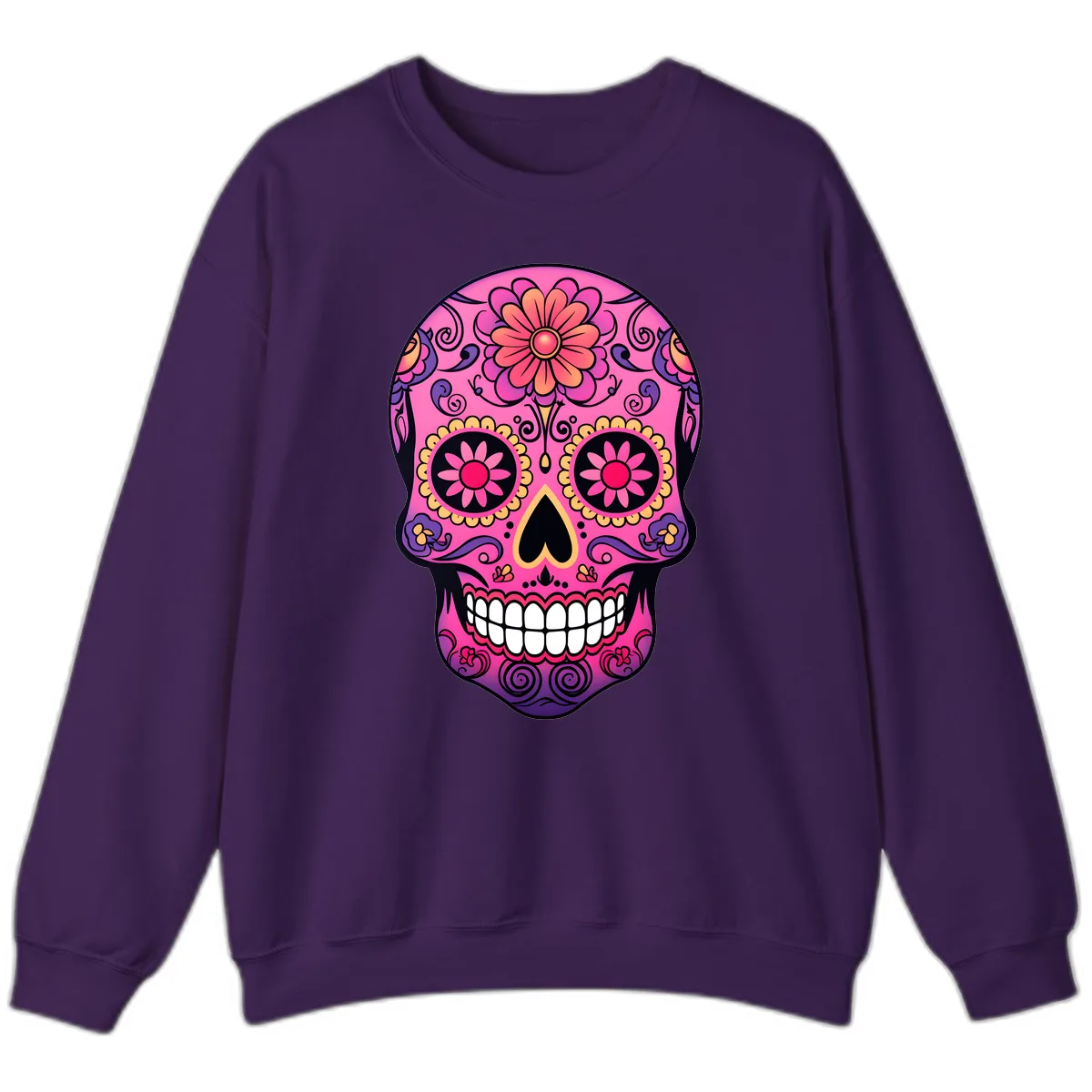Vibrant Floral Sugar Skull Calavera Sweatshirt in Purple