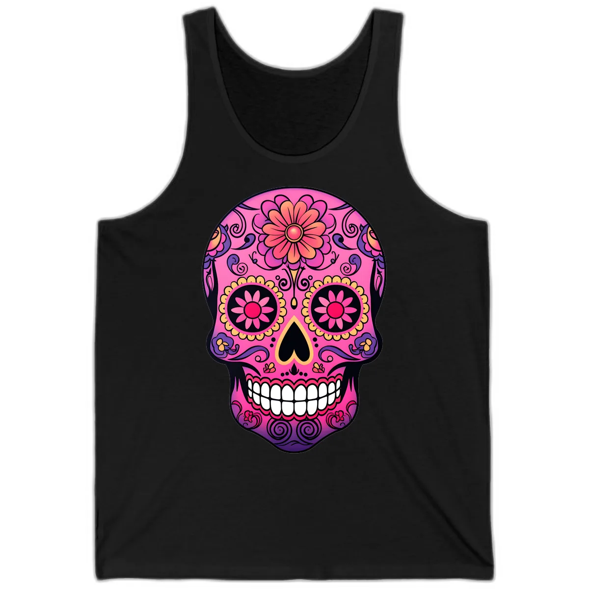 Vibrant Floral Sugar Skull Calavera Tank in Black