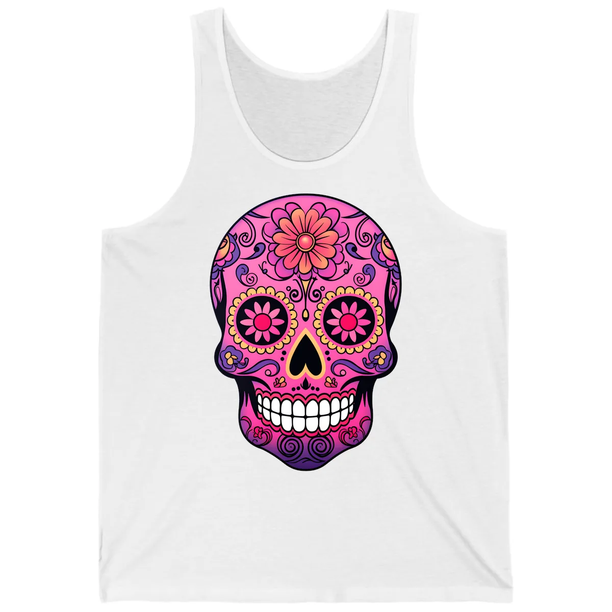 Vibrant Floral Sugar Skull Calavera Tank in White