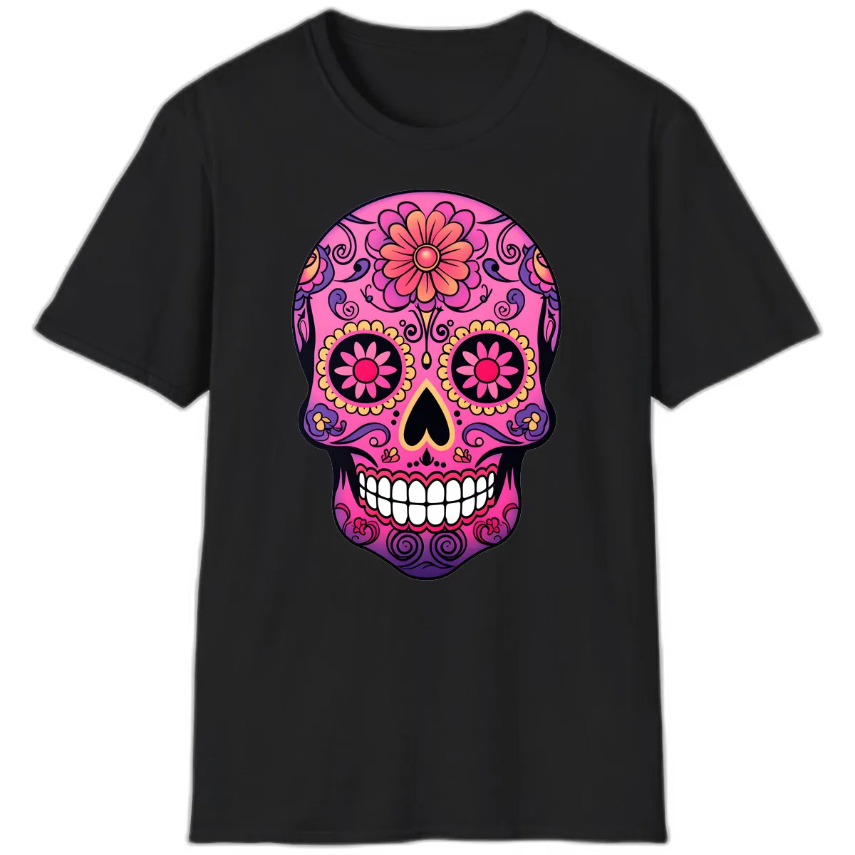 Vibrant Floral Sugar Skull Calavera T-Shirt in Black