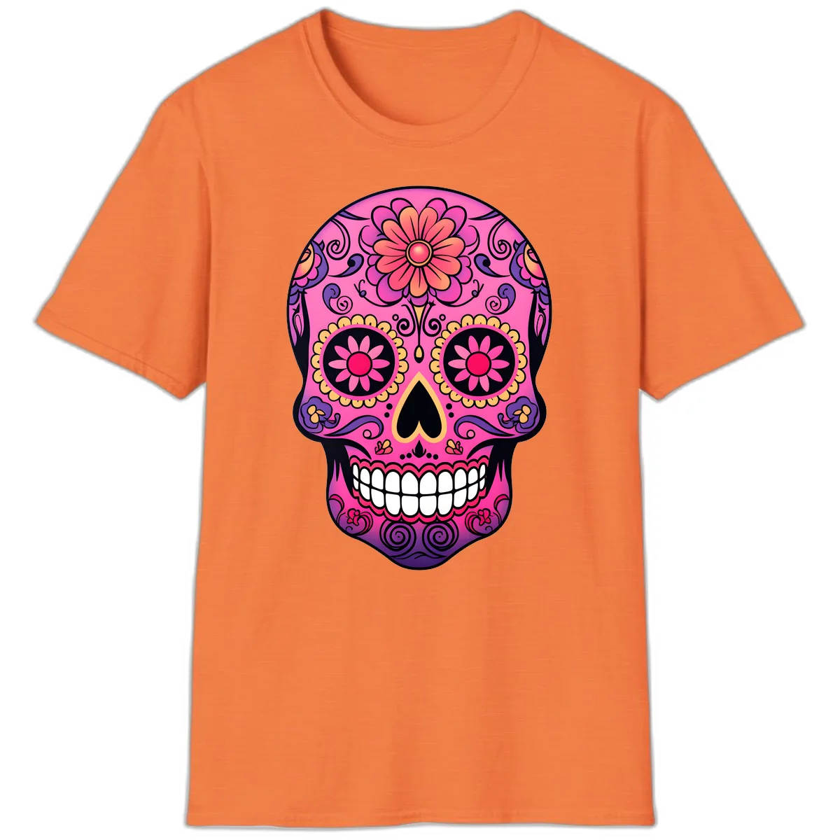 Vibrant Floral Sugar Skull Calavera T-Shirt in Heather Orange