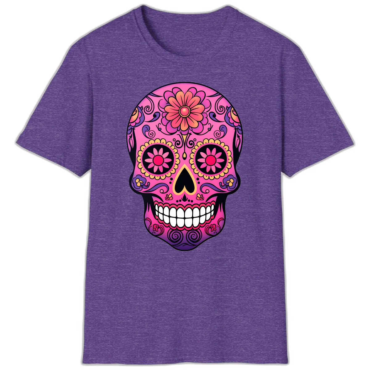 Vibrant Floral Sugar Skull Calavera T-Shirt in Heather Purple