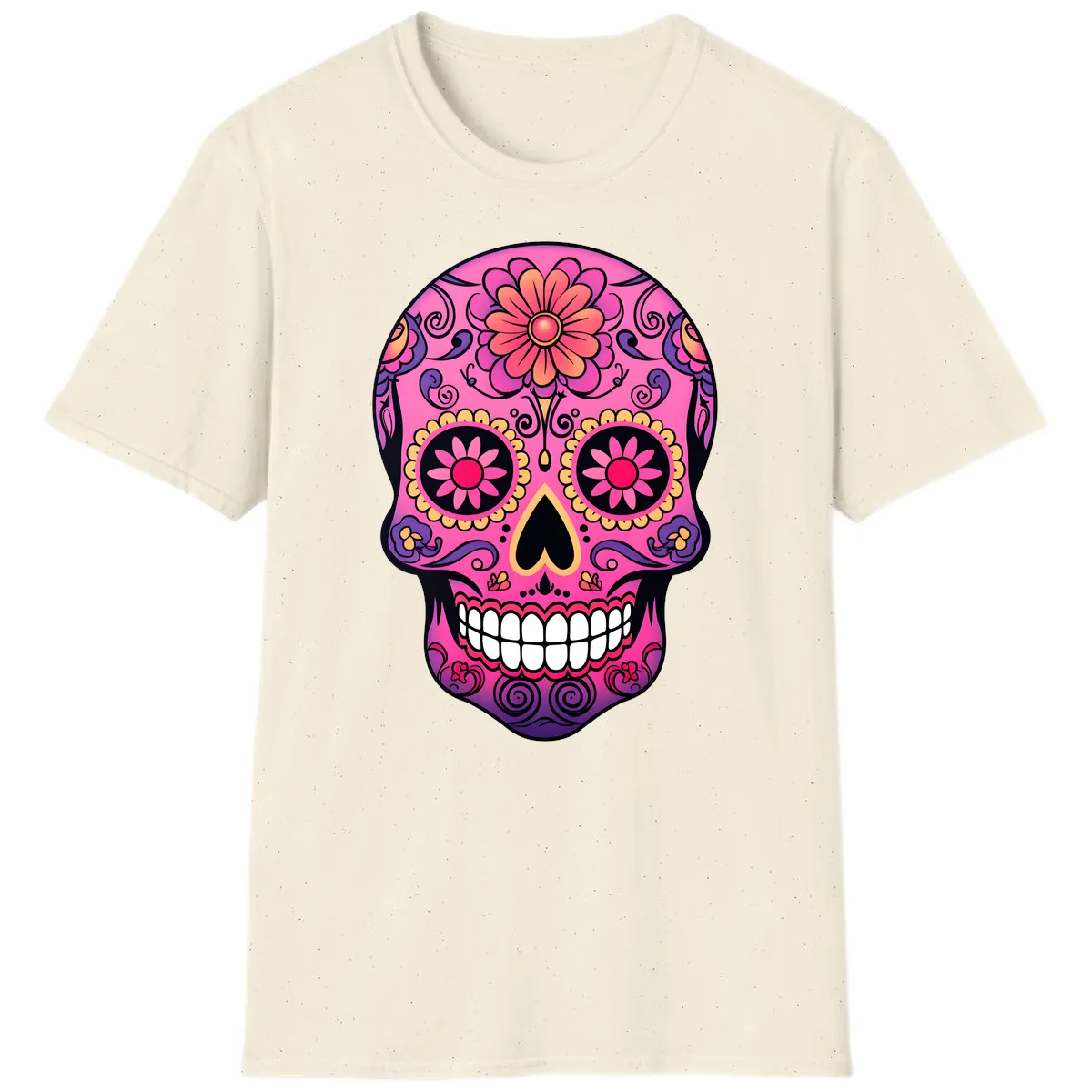 Vibrant Floral Sugar Skull Calavera T-Shirt in Natural