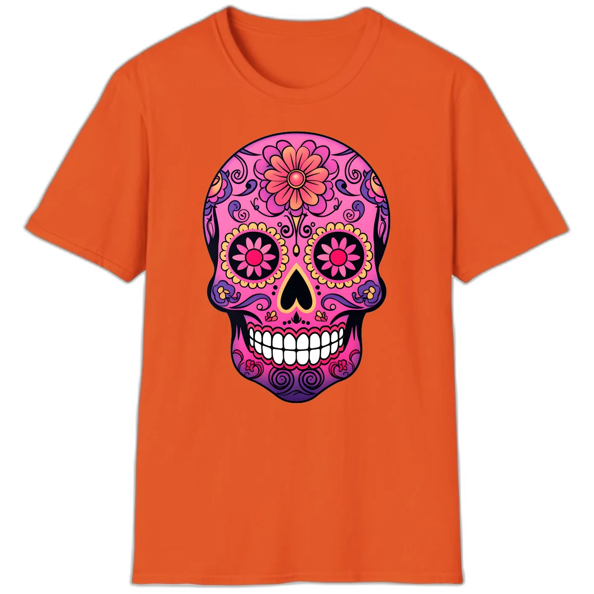 Vibrant Floral Sugar Skull Calavera T-Shirt in Orange