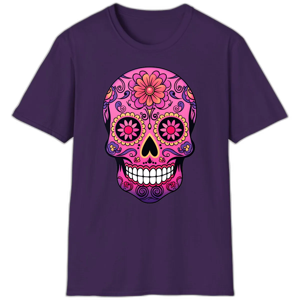 Vibrant Floral Sugar Skull Calavera T-Shirt in Purple
